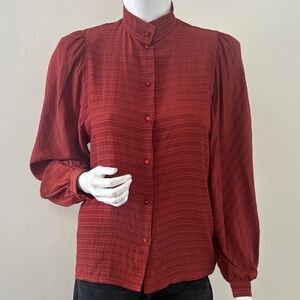 Vintage 70s Mario Pucci Ceccone Maroon Silk Button Down Shirt w Puff Shoulders